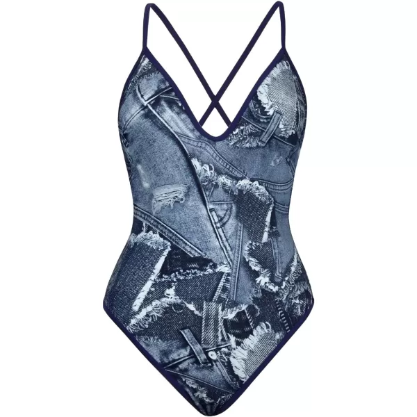 imageCUPSHE Womens One Piece Swimsuit Deep V Neck Crisscross Back Tie Adjustable Straps Cheeky High CutBlue Jeans Print