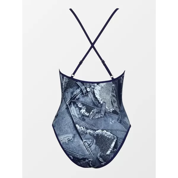 imageCUPSHE Womens One Piece Swimsuit Deep V Neck Crisscross Back Tie Adjustable Straps Cheeky High CutBlue Jeans Print