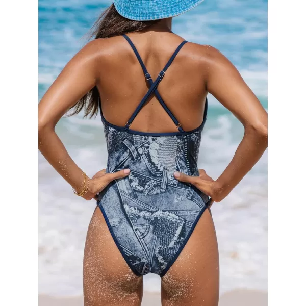 imageCUPSHE Womens One Piece Swimsuit Deep V Neck Crisscross Back Tie Adjustable Straps Cheeky High CutBlue Jeans Print