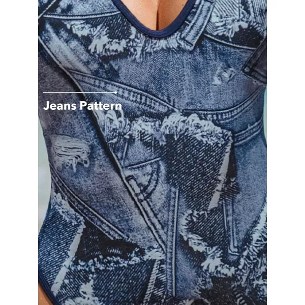 imageCUPSHE Womens One Piece Swimsuit Deep V Neck Crisscross Back Tie Adjustable Straps Cheeky High CutBlue Jeans Print