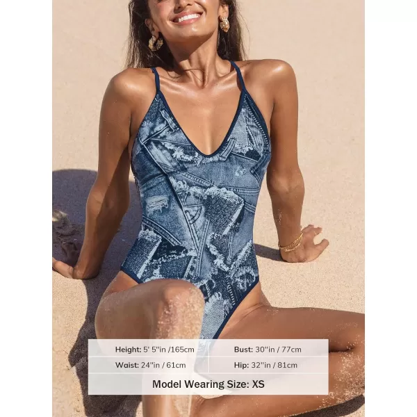 imageCUPSHE Womens One Piece Swimsuit Deep V Neck Crisscross Back Tie Adjustable Straps Cheeky High CutBlue Jeans Print