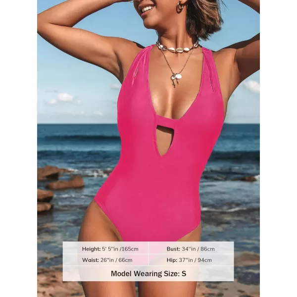 imageCUPSHE Womens One Piece Swimsuit Deep V Neck Keyhole Crisscross Back Self Tie Cutout StrapsHot Pink
