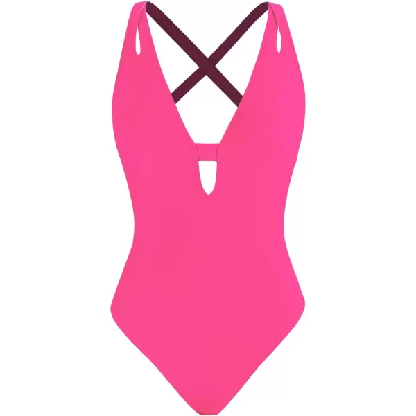 imageCUPSHE Womens One Piece Swimsuit Deep V Neck Keyhole Crisscross Back Self Tie Cutout StrapsHot Pink