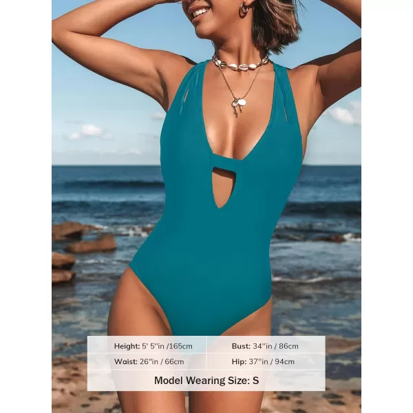 imageCUPSHE Womens One Piece Swimsuit Deep V Neck Keyhole Crisscross Back Self Tie Cutout StrapsTeal Blue