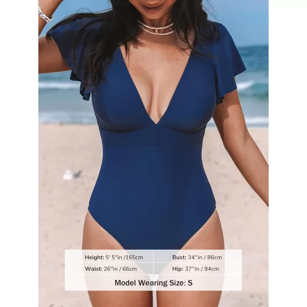imageCUPSHE Womens One Piece Swimsuit Deep V Neck Short Ruffle Split Sleeve U Back Bathing SuitNavy Blue