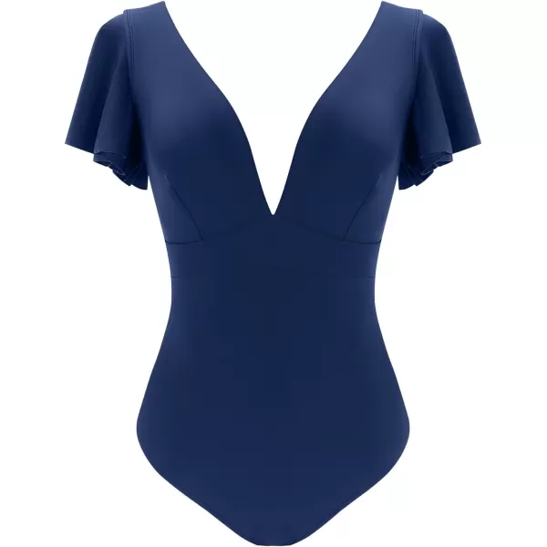imageCUPSHE Womens One Piece Swimsuit Deep V Neck Short Ruffle Split Sleeve U Back Bathing SuitNavy Blue