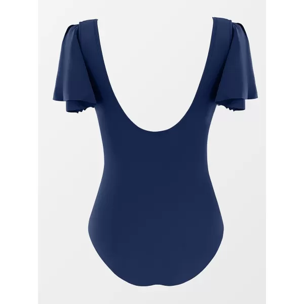 imageCUPSHE Womens One Piece Swimsuit Deep V Neck Short Ruffle Split Sleeve U Back Bathing SuitNavy Blue