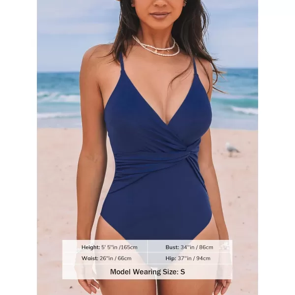 imageCUPSHE Womens One Piece Swimsuit Deep V Neck Twist Adjustable Straps Bathing Suit Molded CupsNavy Blue