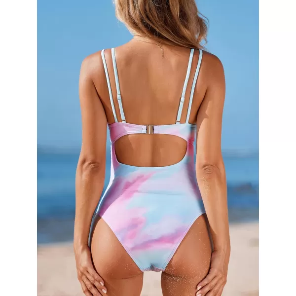 imageCUPSHE Womens One Piece Swimsuit Double Asjustable Straps V Neck Smocked Textured Back HookBluePurple