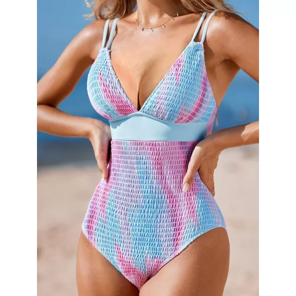 imageCUPSHE Womens One Piece Swimsuit Double Asjustable Straps V Neck Smocked Textured Back HookBluePurple