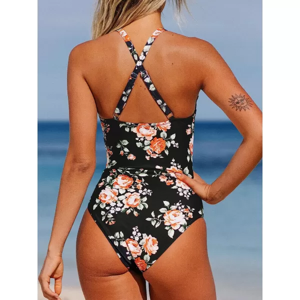 imageCUPSHE Womens One Piece Swimsuit Floral Print High Neck Scallop Bathing SuitBlack Floral