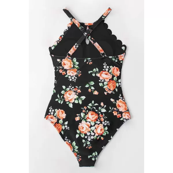 imageCUPSHE Womens One Piece Swimsuit Floral Print High Neck Scallop Bathing SuitBlack Floral