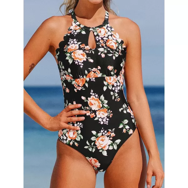 imageCUPSHE Womens One Piece Swimsuit Floral Print High Neck Scallop Bathing SuitBlack Floral
