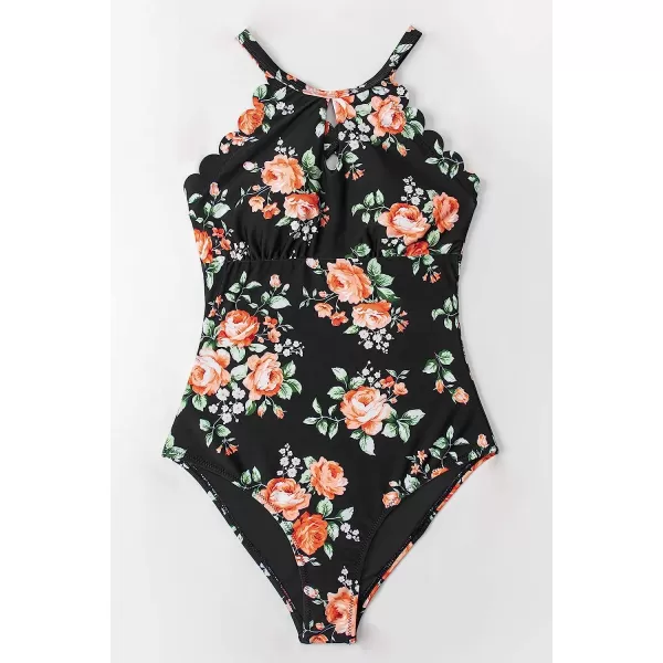 imageCUPSHE Womens One Piece Swimsuit Floral Print High Neck Scallop Bathing SuitBlack Floral