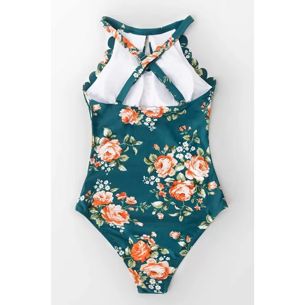 imageCUPSHE Womens One Piece Swimsuit Floral Print High Neck Scallop Bathing SuitTeal