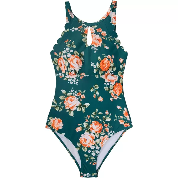 imageCUPSHE Womens One Piece Swimsuit Floral Print High Neck Scallop Bathing SuitTeal