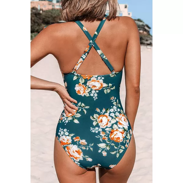 imageCUPSHE Womens One Piece Swimsuit Floral Print High Neck Scallop Bathing SuitTeal