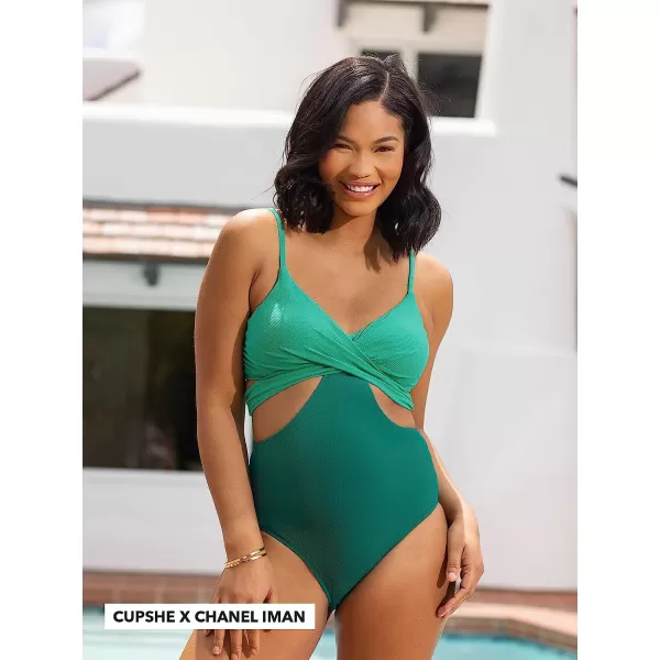 imageCUPSHE Womens One Piece Swimsuit Floral Print Tie V Neck Bathing SuitCyan