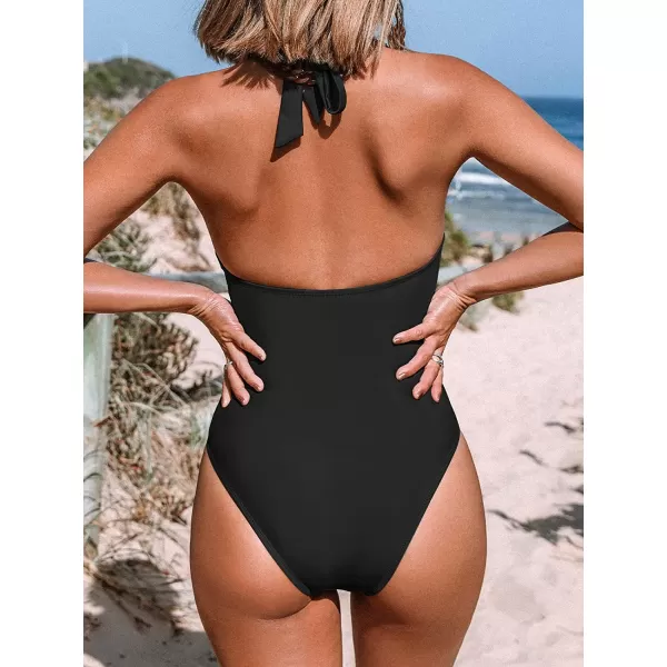 imageCUPSHE Womens One Piece Swimsuit Green Halter V Neck Cutout Bathing SuitBlack