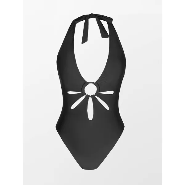 imageCUPSHE Womens One Piece Swimsuit Green Halter V Neck Cutout Bathing SuitBlack