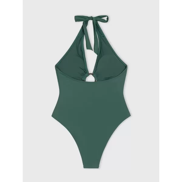 imageCUPSHE Womens One Piece Swimsuit Green Halter V Neck Cutout Bathing SuitGreen