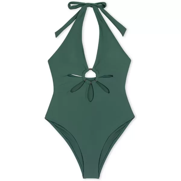 imageCUPSHE Womens One Piece Swimsuit Green Halter V Neck Cutout Bathing SuitGreen