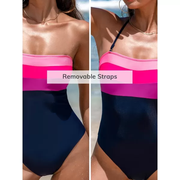 imageCUPSHE Womens One Piece Swimsuit Halter Back Self Tie Square Neck Color Block Removable StrapsNavy BlueMagenta