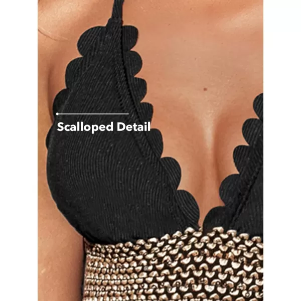 imageCUPSHE Womens One Piece Swimsuit Halter Back Tie Scalloped V Neck Textured Contrast StitchingBlack