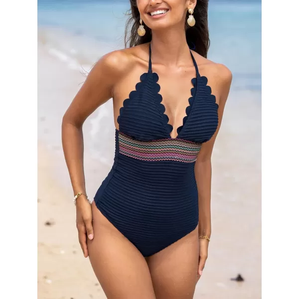 imageCUPSHE Womens One Piece Swimsuit Halter Back Tie Scalloped V Neck Textured Contrast StitchingNavy Blue