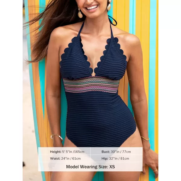 imageCUPSHE Womens One Piece Swimsuit Halter Back Tie Scalloped V Neck Textured Contrast StitchingNavy Blue