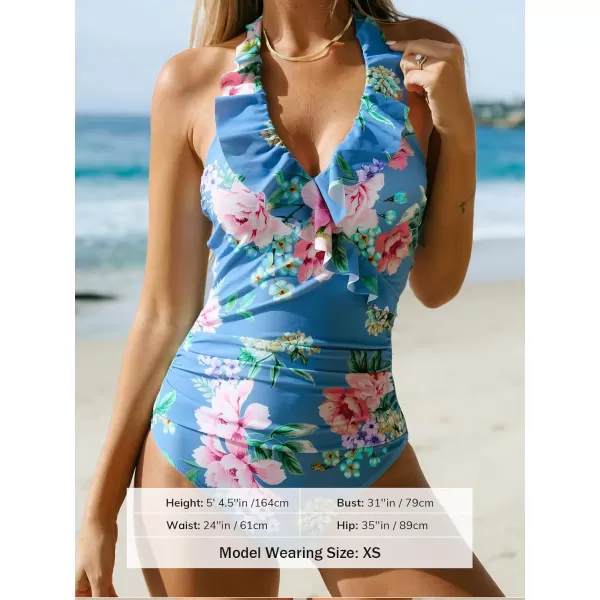 imageCUPSHE Womens One Piece Swimsuit Halter Bathing Suit Ruffle Plunging Neck Tummy Control Back TieBlue Floral