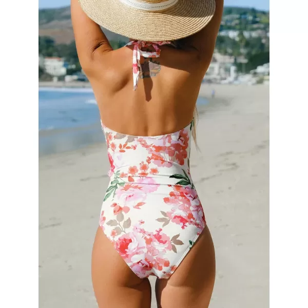 imageCUPSHE Womens One Piece Swimsuit Halter Bathing Suit Ruffle Plunging Neck Tummy Control Back TieWhite Floral