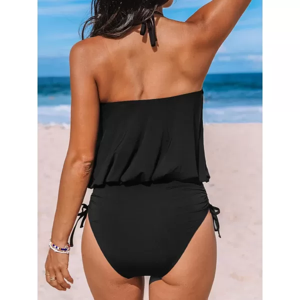 imageCUPSHE Womens One Piece Swimsuit Halter Neck Bathing Suit Front Cutout Adjustable Straps Drawstring RuchedBlack