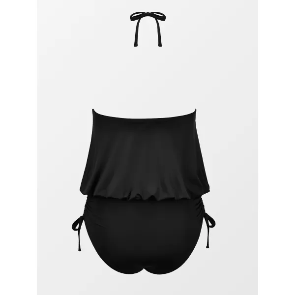 imageCUPSHE Womens One Piece Swimsuit Halter Neck Bathing Suit Front Cutout Adjustable Straps Drawstring RuchedBlack