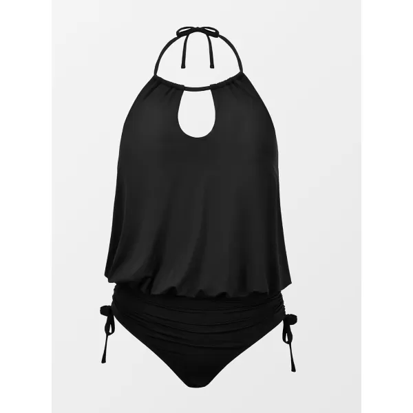 imageCUPSHE Womens One Piece Swimsuit Halter Neck Bathing Suit Front Cutout Adjustable Straps Drawstring RuchedBlack