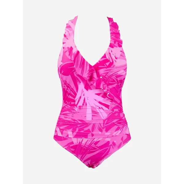 imageCUPSHE Womens One Piece Swimsuit Halter V Neck Ruffle Back Self Tie Ruched Bathing SuitMagentaTripocial
