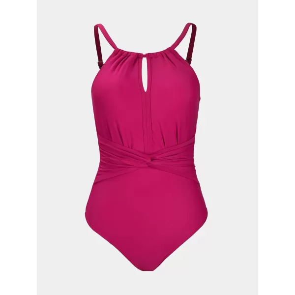 imageCUPSHE Womens One Piece Swimsuit High Neck Bathing Suit Front Twist Keyhole Cutout Ruched Spaghetti StrapsRaspberry Pink