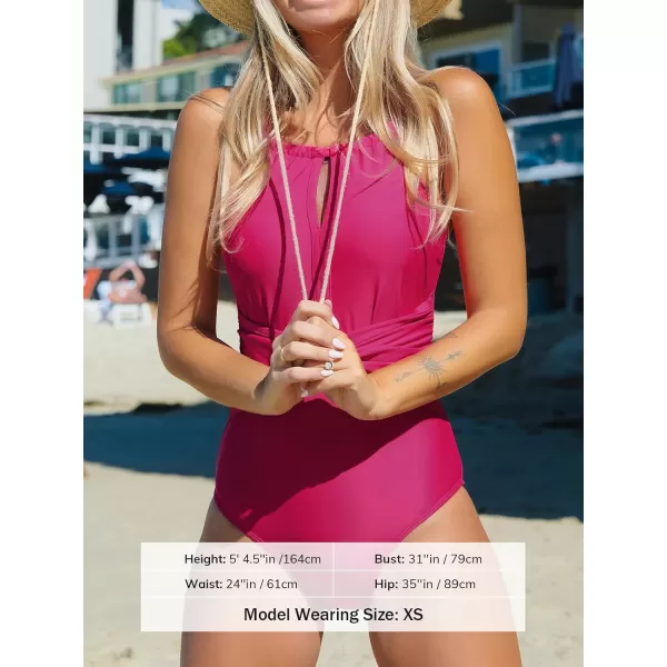 imageCUPSHE Womens One Piece Swimsuit High Neck Bathing Suit Front Twist Keyhole Cutout Ruched Spaghetti StrapsRaspberry Pink
