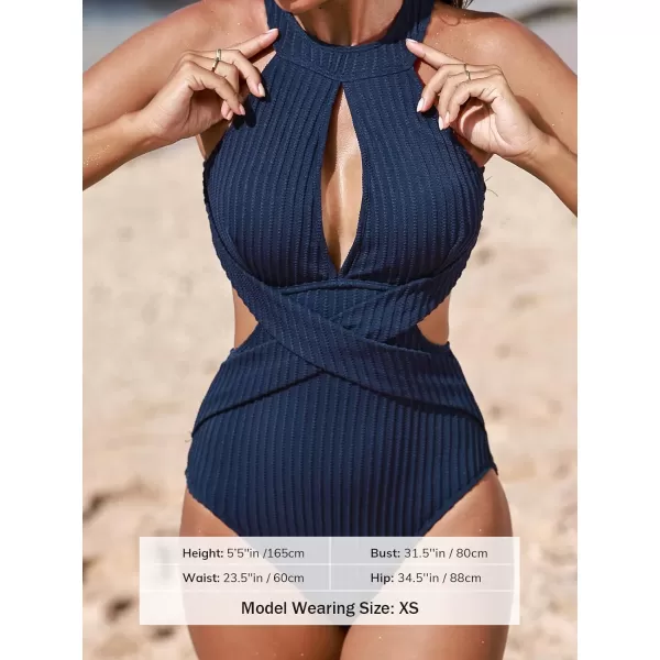 imageCUPSHE Womens One Piece Swimsuit High Neck Cutout Ribbed Texture Back Hook Hollow WrappedNavy Blue