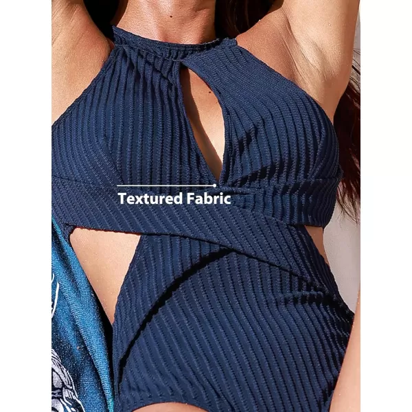 imageCUPSHE Womens One Piece Swimsuit High Neck Cutout Ribbed Texture Back Hook Hollow WrappedNavy Blue