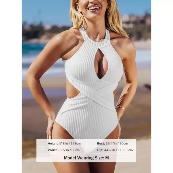 imageCUPSHE Womens One Piece Swimsuit High Neck Cutout Ribbed Texture Back Hook Hollow WrappedWhite