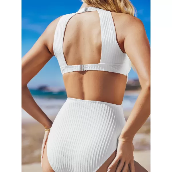 imageCUPSHE Womens One Piece Swimsuit High Neck Cutout Ribbed Texture Back Hook Hollow WrappedWhite