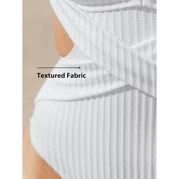 imageCUPSHE Womens One Piece Swimsuit High Neck Cutout Ribbed Texture Back Hook Hollow WrappedWhite