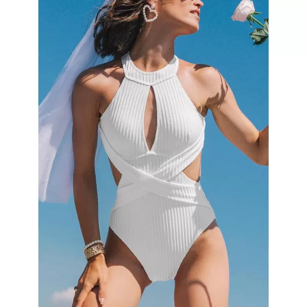 imageCUPSHE Womens One Piece Swimsuit High Neck Cutout Ribbed Texture Back Hook Hollow WrappedWhite