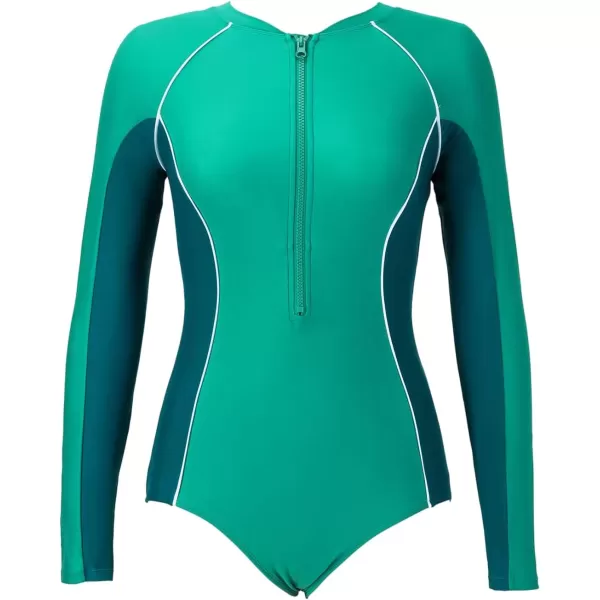 imageCUPSHE Womens One Piece Swimsuit High Neck Long Sleeve Zip Fixed Cups Color Block Bathing SuitTeal Green