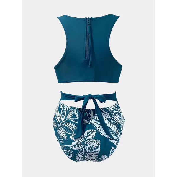 imageCUPSHE Womens One Piece Swimsuit High Neck Swimwear Back Self Tie Zipper Back Cutout Bathing SuitPrussian Blue