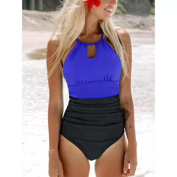 imageCUPSHE Womens One Piece Swimsuit High Neck Tummy Control Swimwear Bathing SuitBlack  Electric Blue