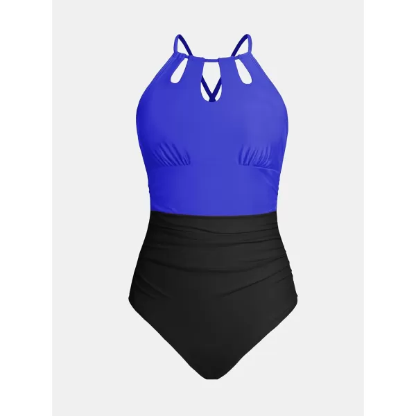 imageCUPSHE Womens One Piece Swimsuit High Neck Tummy Control Swimwear Bathing SuitBlack  Electric Blue
