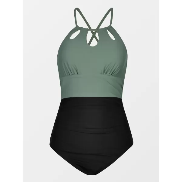 imageCUPSHE Womens One Piece Swimsuit High Neck Tummy Control Swimwear Bathing SuitBlack  Green