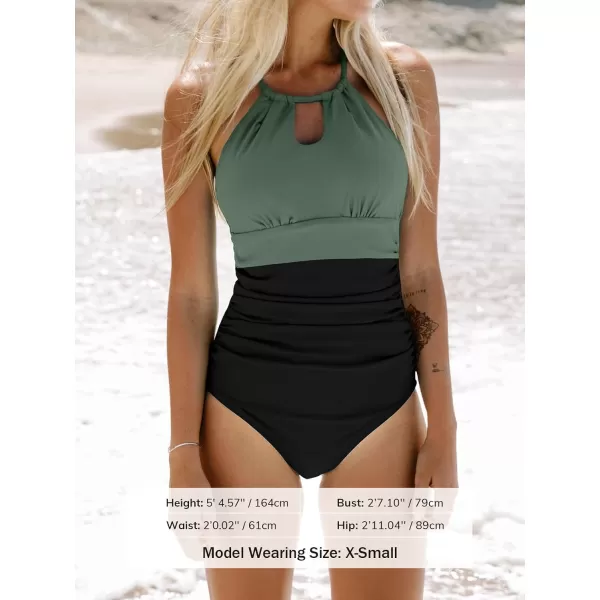imageCUPSHE Womens One Piece Swimsuit High Neck Tummy Control Swimwear Bathing SuitBlack  Green